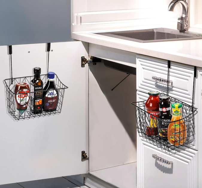 Cabinet Door Storage Rack, Wire Mesh Hanging Basket With Hooks