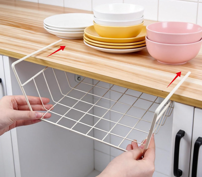 White Under-Shelf Hanging Basket, Kitchen Storage Organizer - Image 2