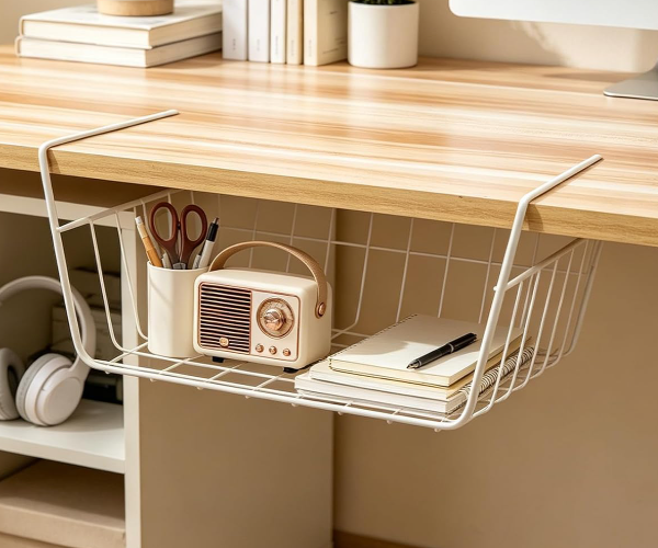 White Under-Shelf Hanging Basket, Kitchen Storage Organizer
