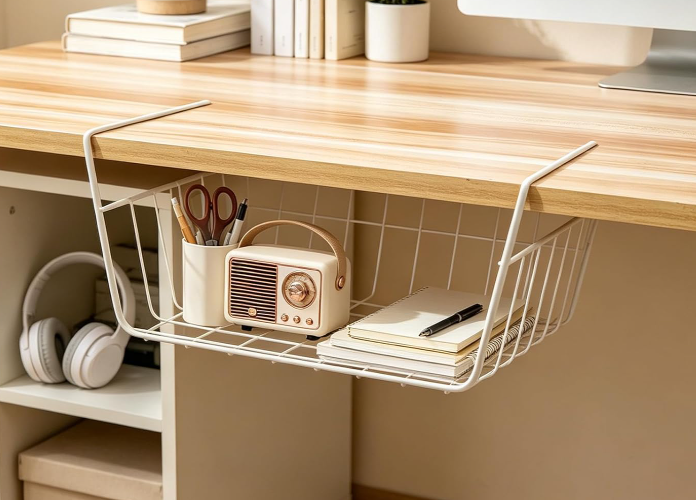 White Under-Shelf Hanging Basket, Kitchen Storage Organizer