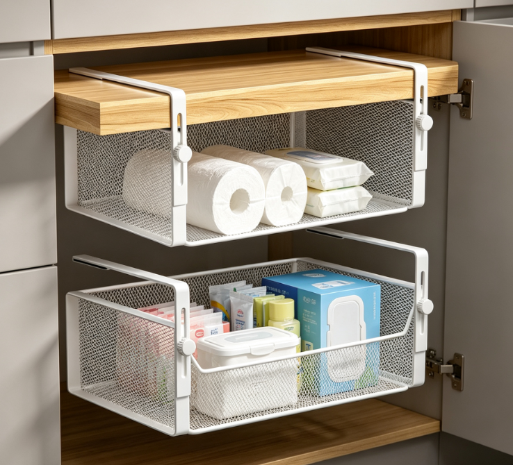Under-Shelf Hanging Basket, Adjustable White Storage Rack - Image 2
