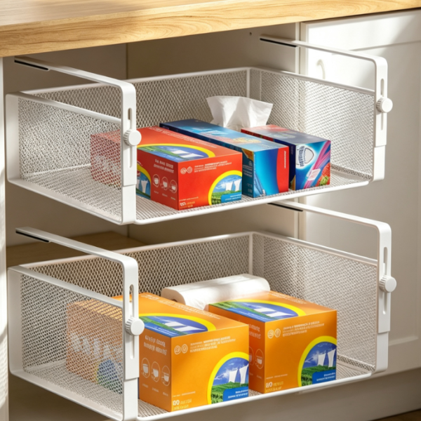 Under-Shelf Hanging Basket, Adjustable White Storage Rack
