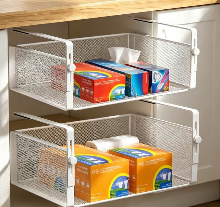 Under-Shelf Hanging Basket, Adjustable White Storage Rack