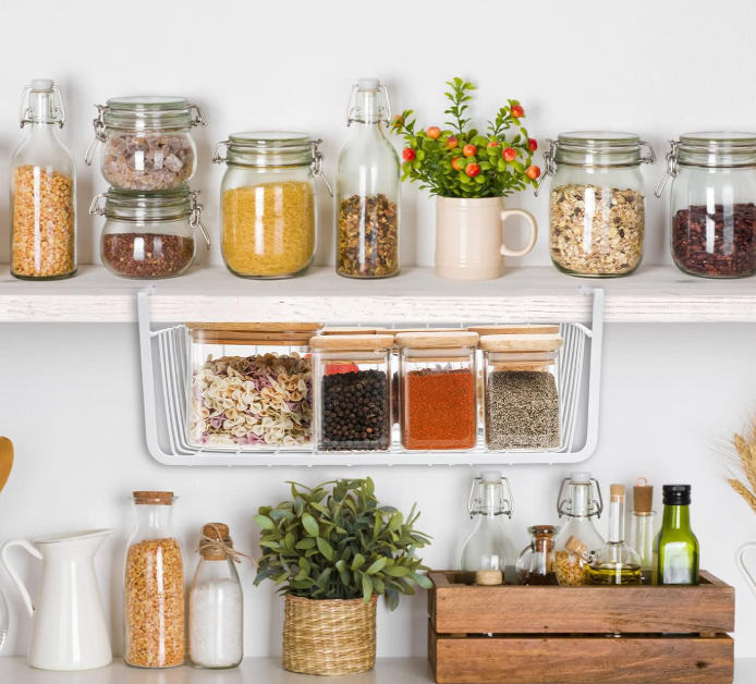 White Under-Shelf Hanging Basket, Compact Cabinet Storage Rack - Image 2