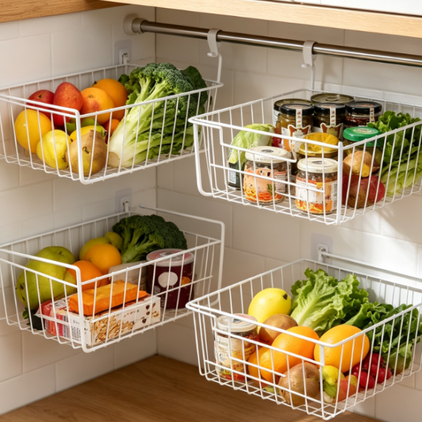 White Under-Shelf Hanging Basket, Compact Cabinet Storage Rack
