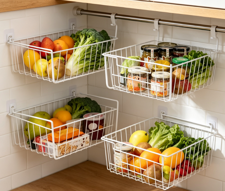 White Under-Shelf Hanging Basket, Compact Cabinet Storage Rack