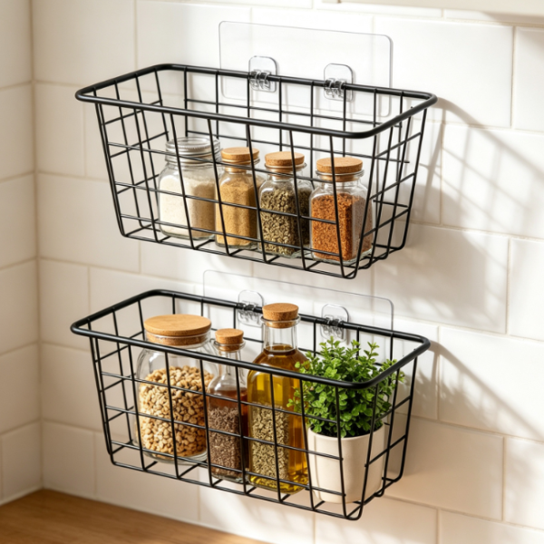 Cabinet Door Hanging Basket, Drill-Free Adhesive Kitchen Storage
