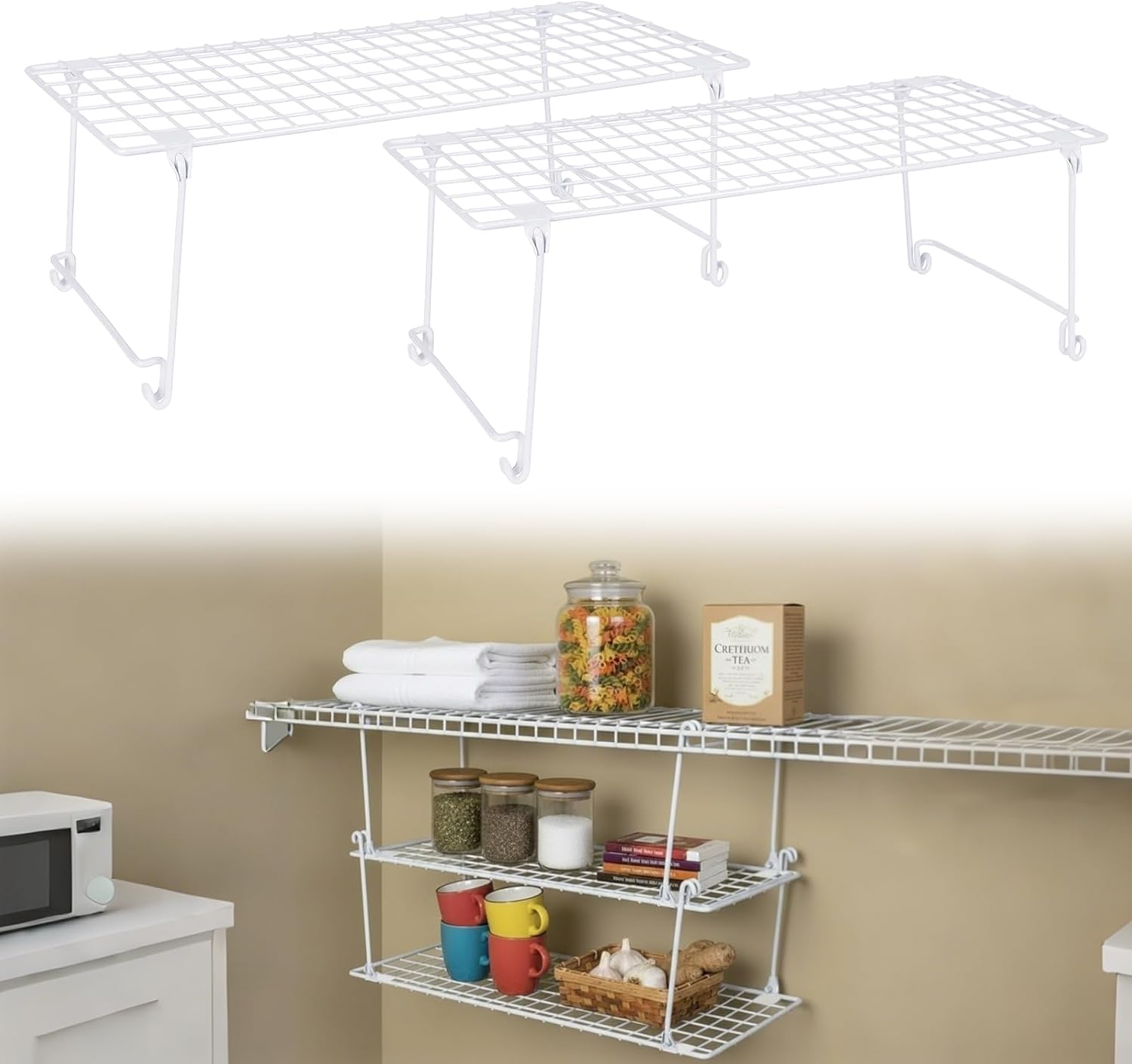 Stackable Wire Shelving; Wardrobe And Kitchen Storage (White)