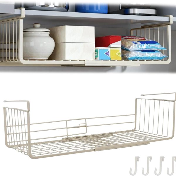 Under-Shelf Storage Basket; Expandable With Hooks (White)