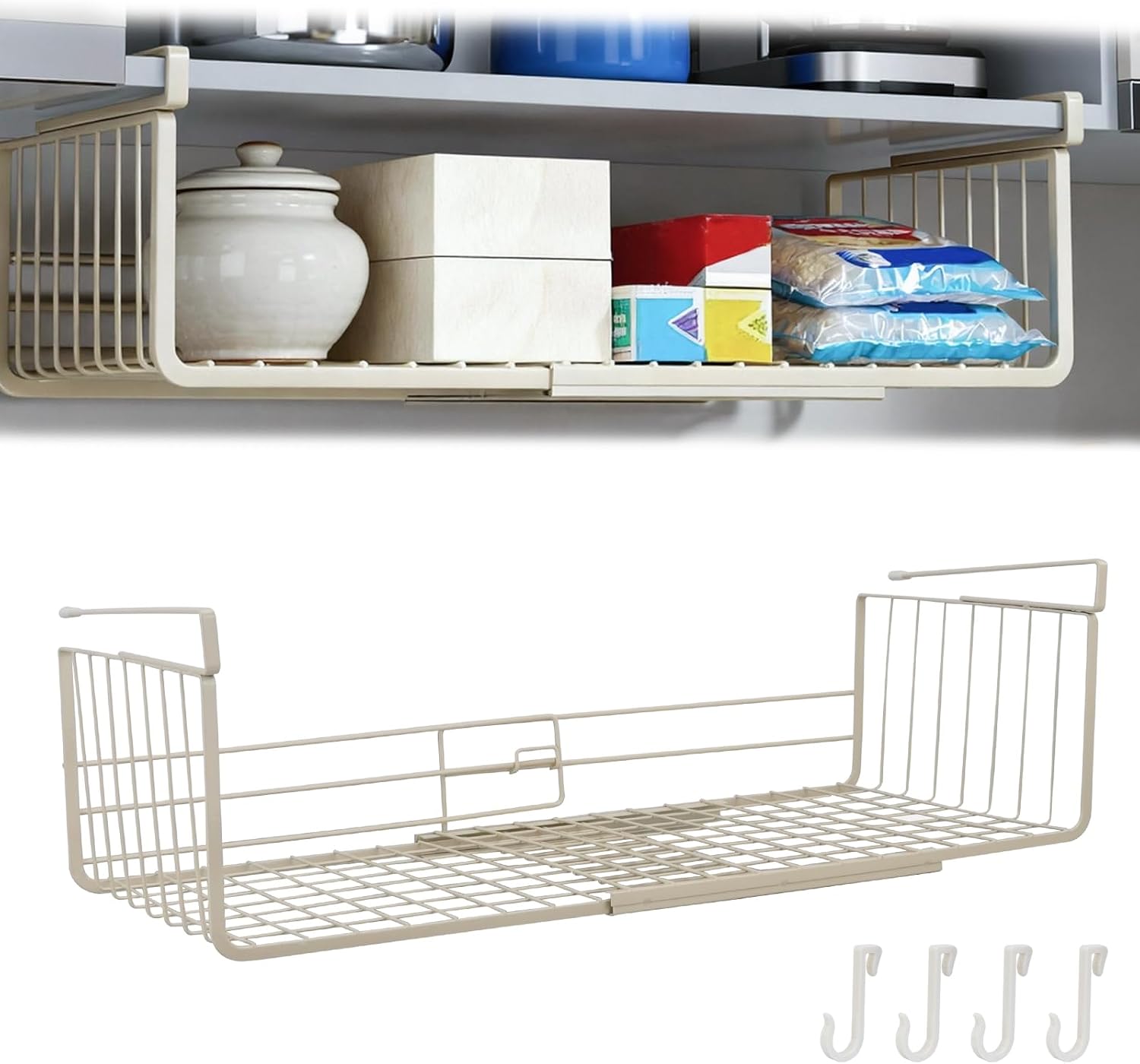 Under-Shelf Storage Basket; Expandable With Hooks (White)