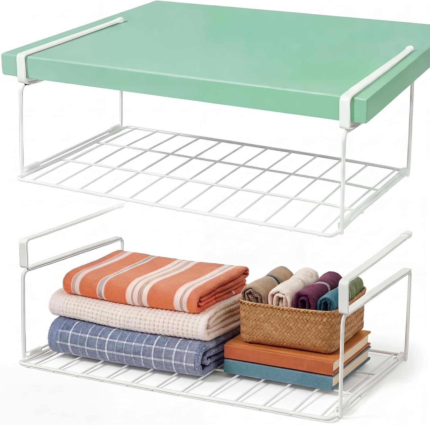 Under-Shelf Storage Basket; White, Space-Saving, Easy To Install