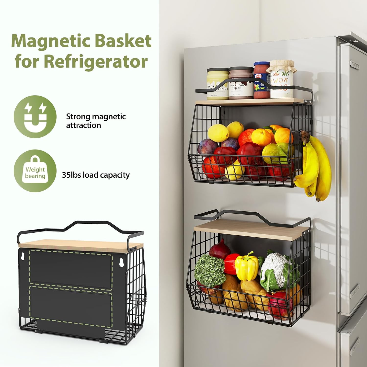 Magnetic Fridge Rack With Wooden Lid; Wall-Mounted Double-Layer Fruit Basket - Image 2