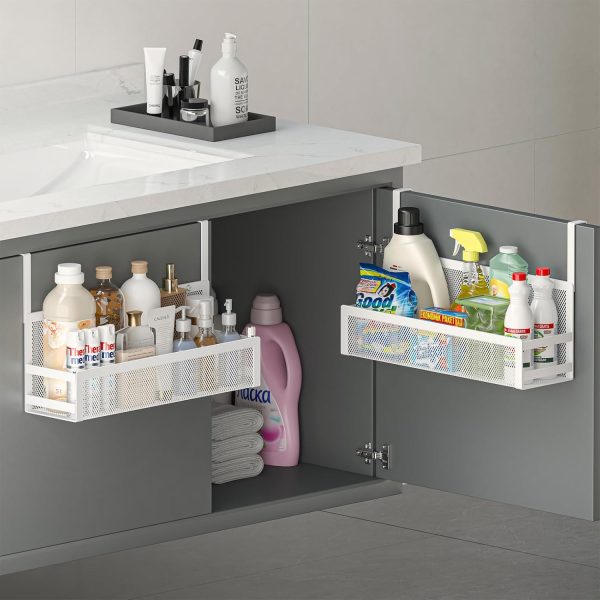 Hanging Fine-Mesh Bathroom Basket; Drill-Free Cabinet Door Mount (White)