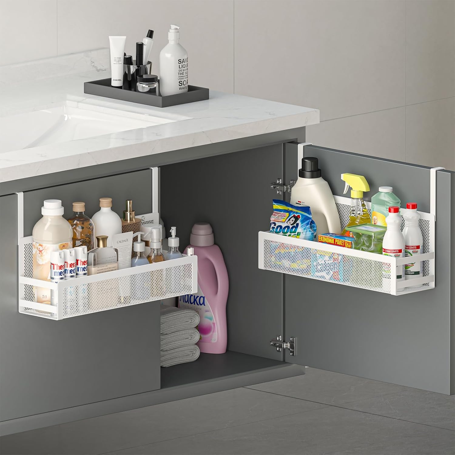 Hanging Fine-Mesh Bathroom Basket; Drill-Free Cabinet Door Mount (White)