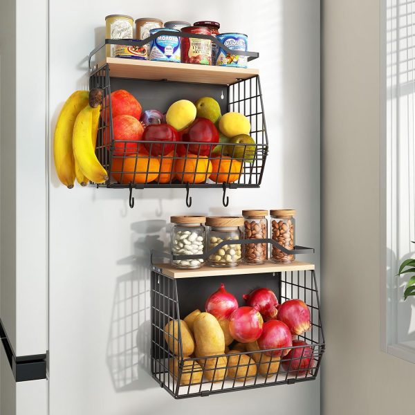 Magnetic Fridge Rack With Wooden Lid; Wall-Mounted Double-Layer Fruit Basket