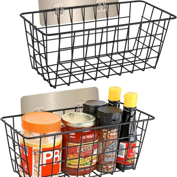 Wall-Mounted Wire Storage Basket; Drill-Free Cabinet Door Mount (Black)