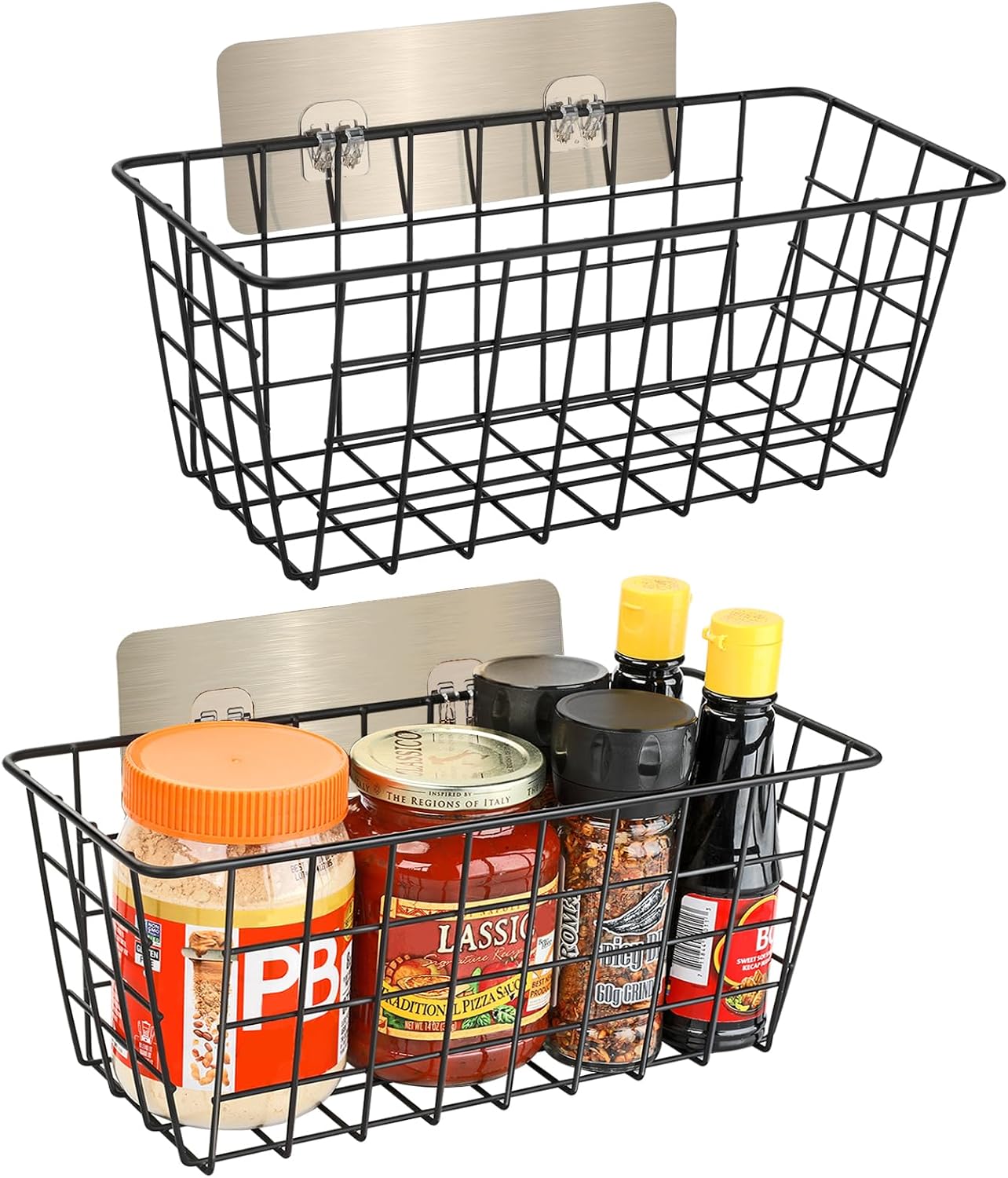 Wall-Mounted Wire Storage Basket; Drill-Free Cabinet Door Mount (Black)