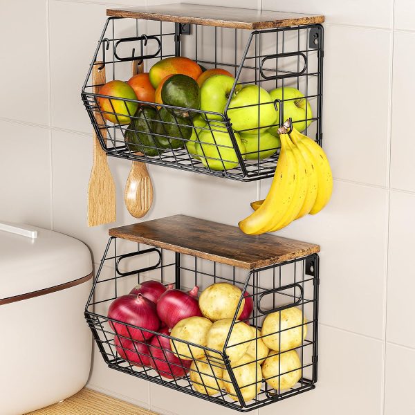 Stackable Metal Fruit Basket; Wall-Mounted Storage With Wooden Lid
