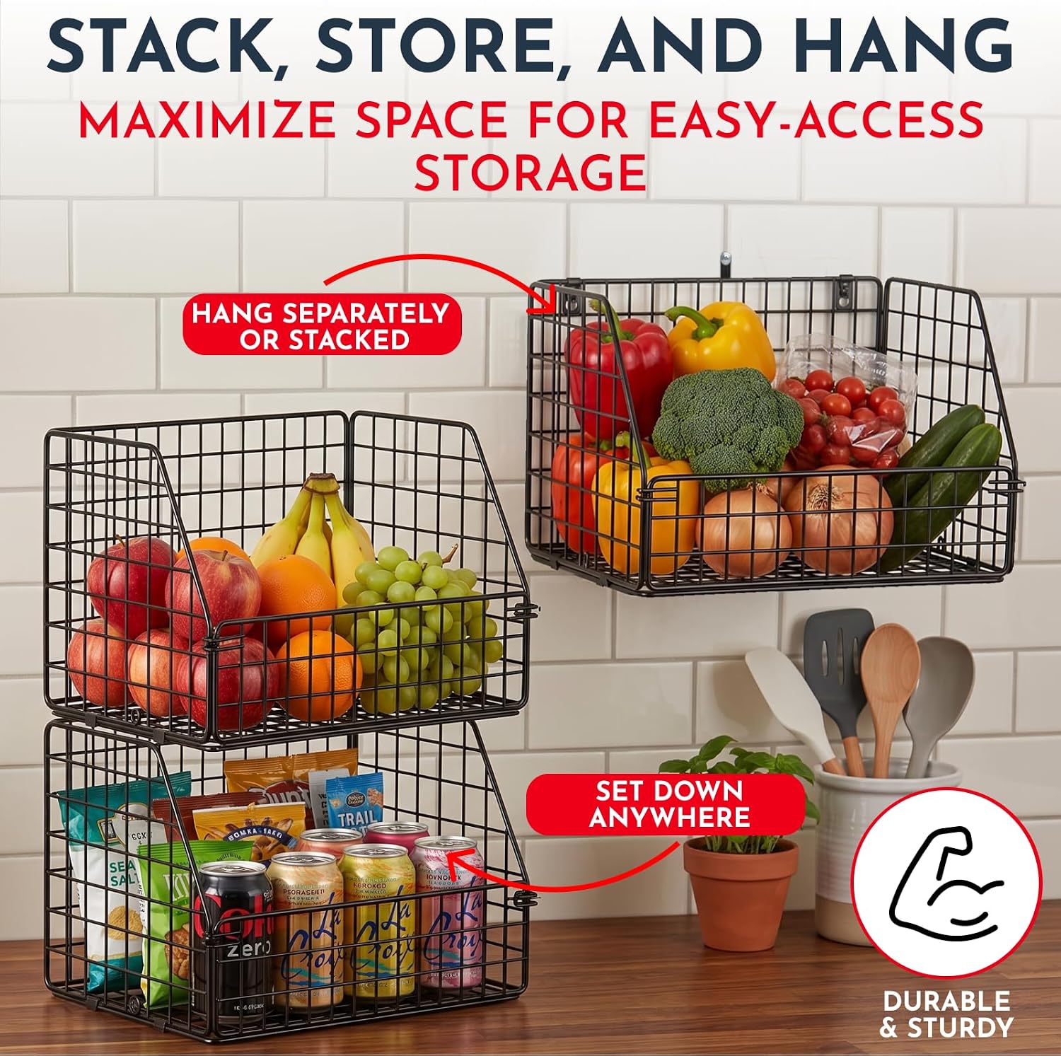 Stackable Hanging Counter Basket; Kitchen Fruit Basket - Image 2