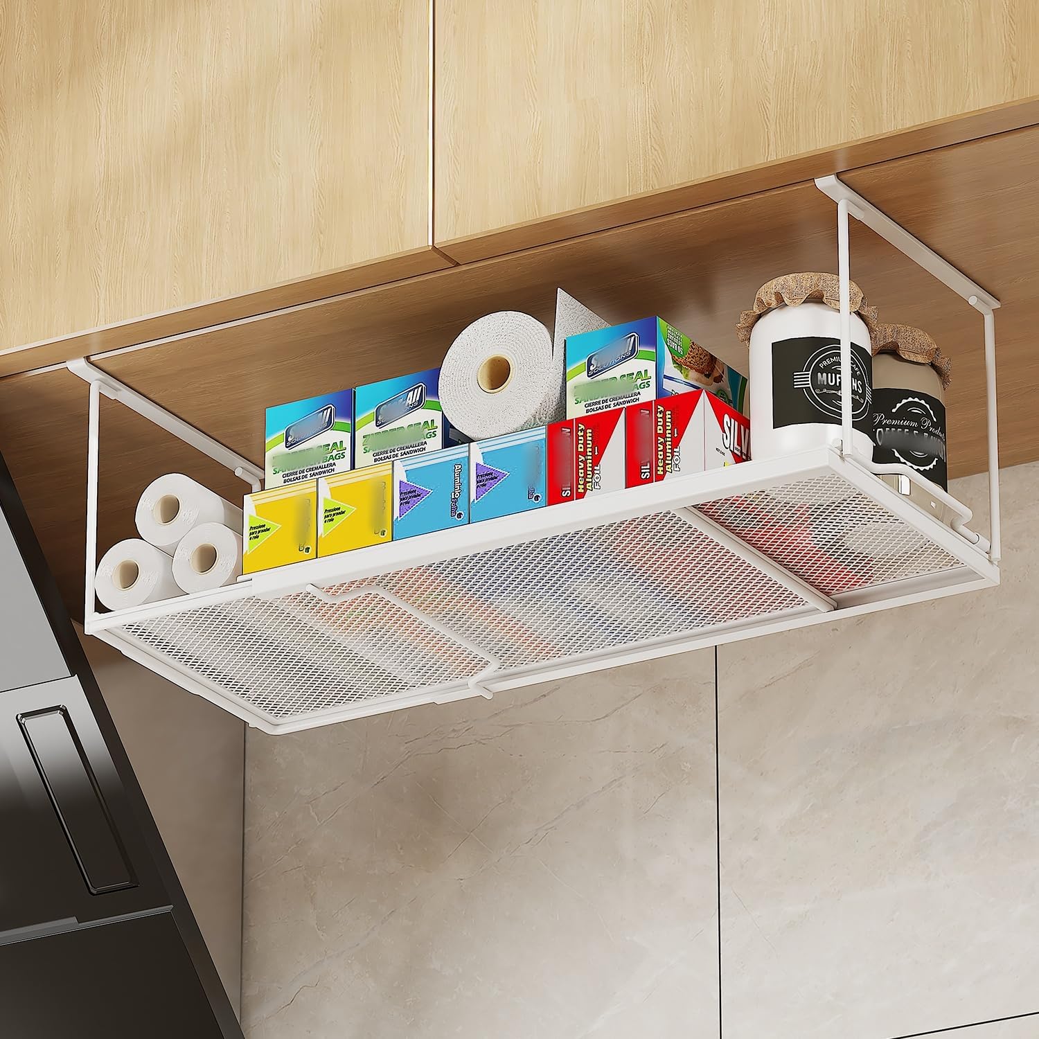 Expandable Under-Cabinet Shelf; Metal Hanging Storage Basket