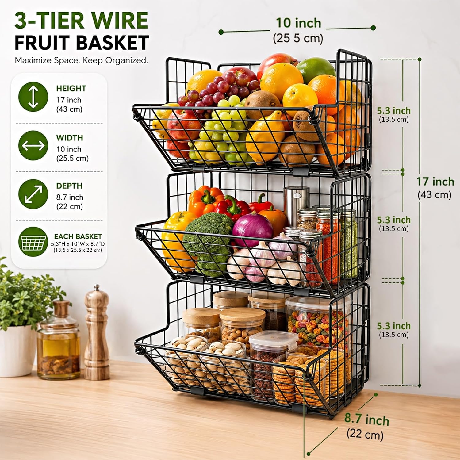 Three-Tier Wire Fruit Basket; Cabinet Door Organizer - Image 2