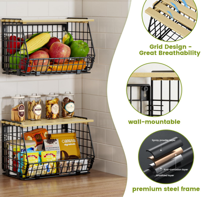 Hanging Kitchen Fruit Basket, Vegetable Storage Basket Set - Image 2